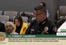 Screencap: South Pasadena City Council Meeting March 19, 2025 | SP Police Chief Solinsky presenting parking enforcement plan. Fire displaced situations have options