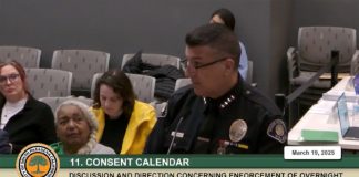 Screencap: South Pasadena City Council Meeting March 19, 2025 | SP Police Chief Solinsky presenting parking enforcement plan. Fire displaced situations have options
