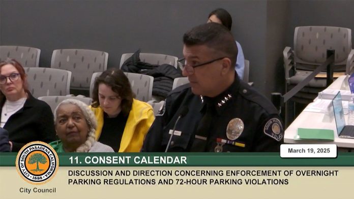 Screencap: South Pasadena City Council Meeting March 19, 2025 | SP Police Chief Solinsky presenting parking enforcement plan. Fire displaced situations have options