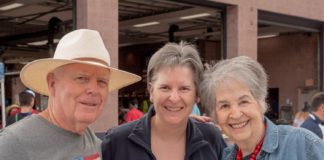 PHOTO: Esteban Lopez | The South Pasadenan News | (L to R) Tom Nuckols, Husband, Tina Kistinger, Daugher, Joanne Nuckols in front of the South Pasadena Fire Station for 4th of July Pancake Breakfast