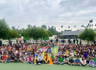 PHOTO: provided by SPUSD | The South Pasadenan | Patricia Cheadle (middle) joins Marengo Principal Noelle Fong, staff members, and Marengo students in celebration and thanks for her service.